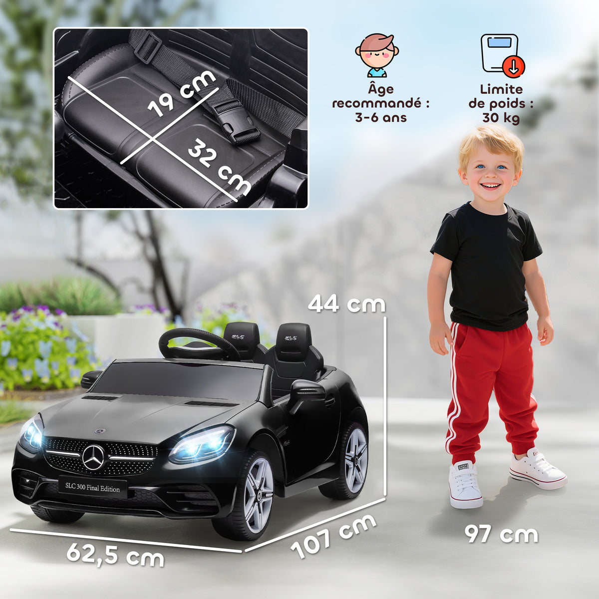 Voiture électrique enfants licence Mercedes SLC 300 12V V. Max. 5 Km/h effets sonores lumineux télécommande noir