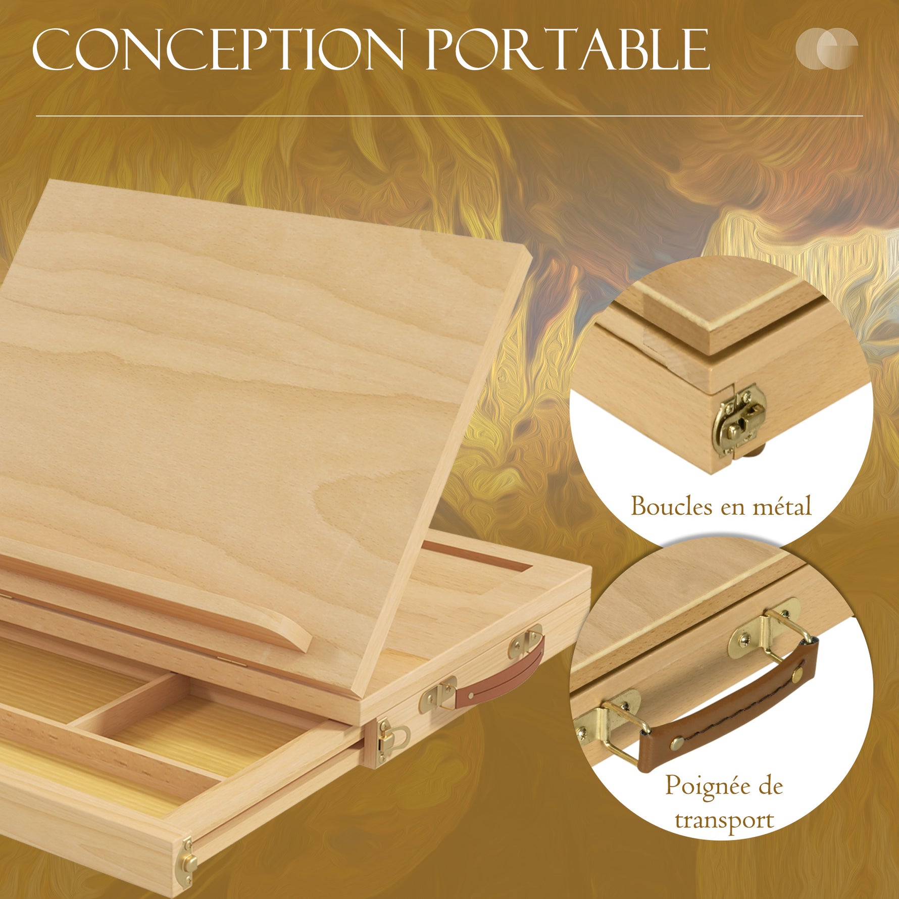 Chevalet de table en bois avec tiroir de rangement pour des toiles jusqu'à 24,5 cm pour adultes débutants bois naturel