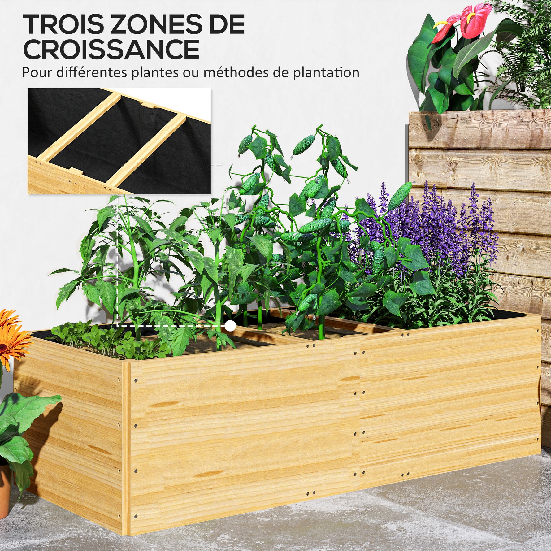 Jardinière extérieur, carré potager en bois, 3 compartiments de plantation et doublure inclus, 140x60x40cm, naturel