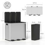 Poubelle de cuisine, poubelle tri sélectif, 3 compartiments de 15L, seaux intérieurs amovibles, 61,9x36,6x43,2cm, argent