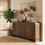 Credenza da cucina, mobile contenitore con 4 ante a chiusura ammortizzata, 4 scomparti e bordi arrotondati, 152x40x80cm, noce