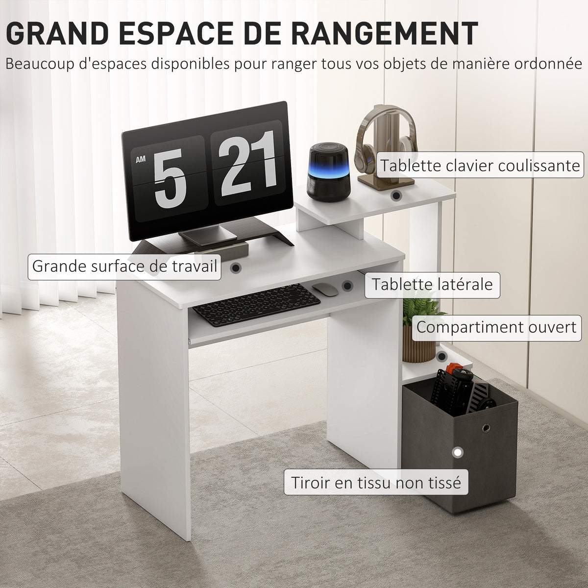 Bureau Informatique multimédia étagères Tablette Clavier Panier Gris Panneaux Particules Blanc