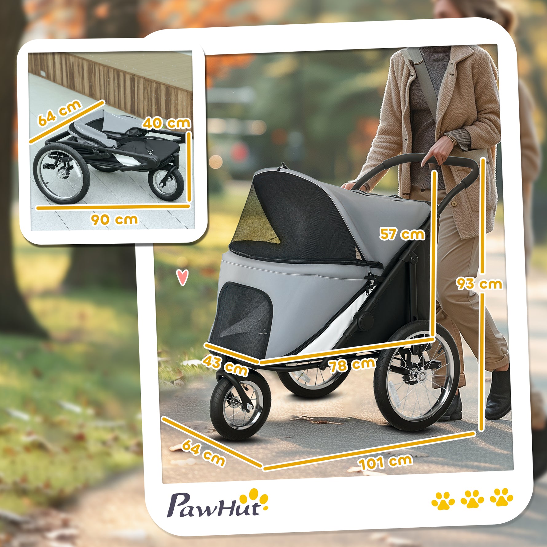 Poussette pour chien 3 roues avec pliage facile, sac de rangement, coussin souple, laisse de sécurité, gris