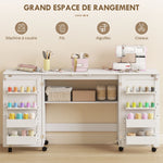 Tavolo da cucito pieghevole, mobile per cucito con rotelle, 2 ante magnetiche, 4 scomparti, 20 ganci, 160x40x81,5cm, bianco