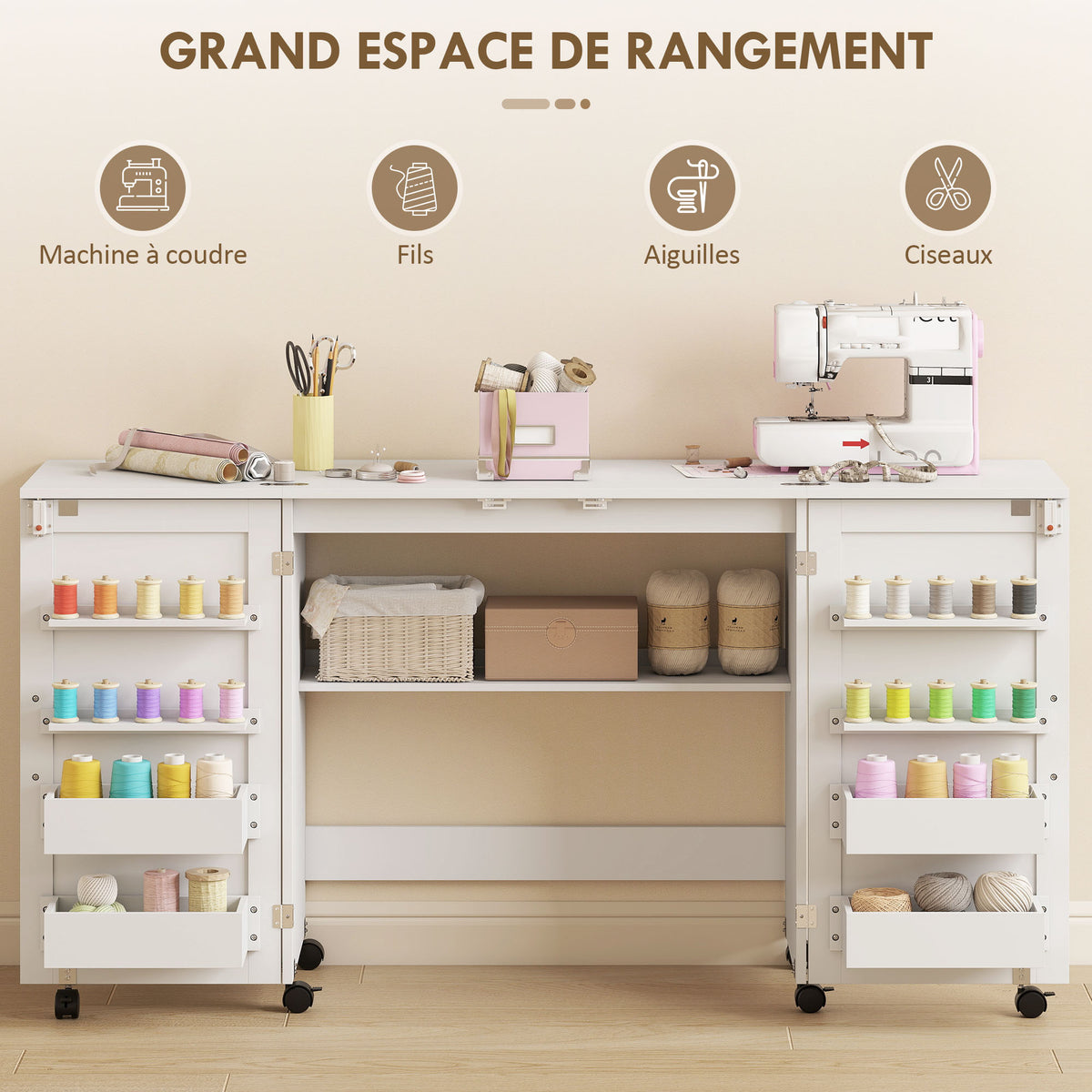 Tavolo da cucito pieghevole, mobile per cucito con rotelle, 2 ante magnetiche, 4 scomparti, 20 ganci, 160x40x81,5cm, bianco