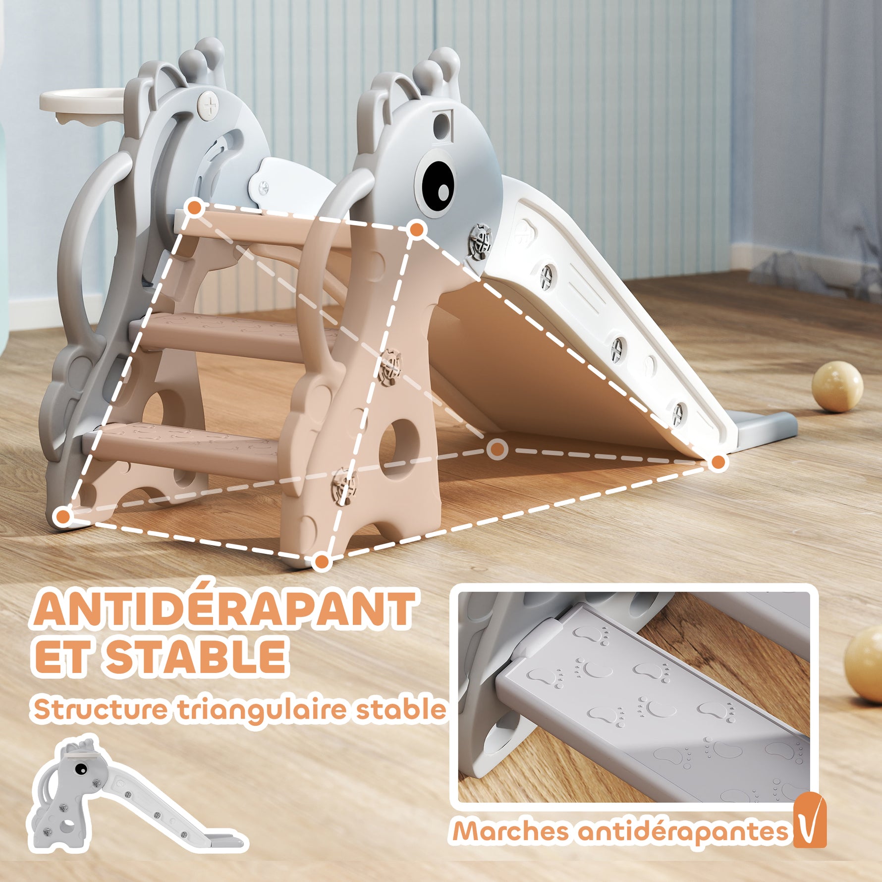 Toboggan pour enfants 3 en 1 en forme de girafe avec panier de basket, escalade et ballon, 106 x 51,5 x 52 cm, gris