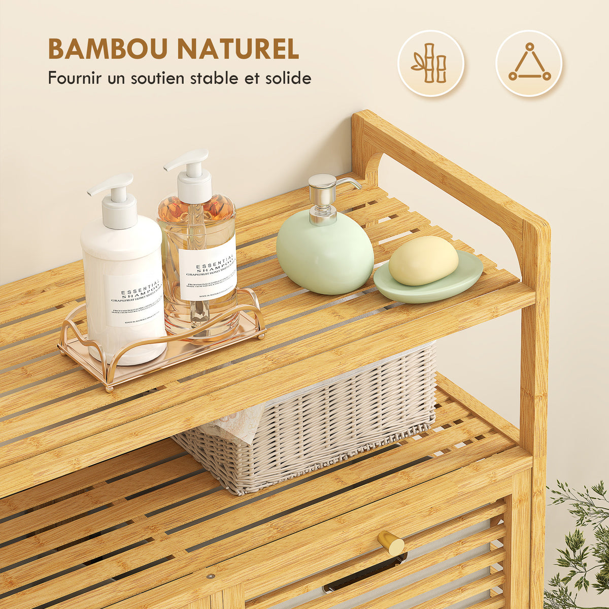 Meuble salle de bain en bambou, armoire salle de bain avec 2 paniers à linge et 2 étagères, 82x33x88cm, bois naturel
