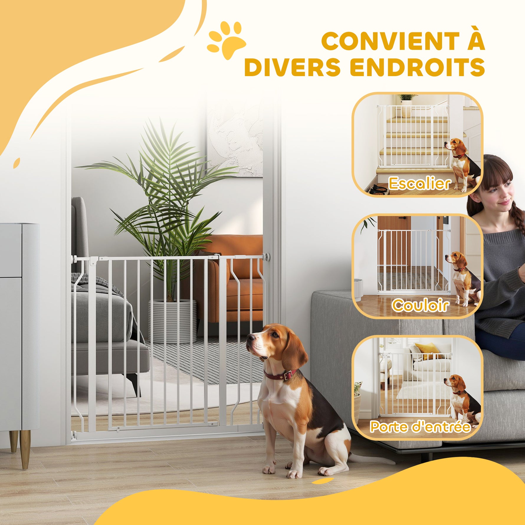 Barrière de sécurité chien barrière extensible 75-95 x 76 cm barrière escaliers couloirs portes sans perçage en acier et ABS blanc