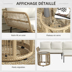 Salon de jardin extérieur d'angle 3 places en résine tressée avec canapés, chaise longue, table basse et coussins, crème