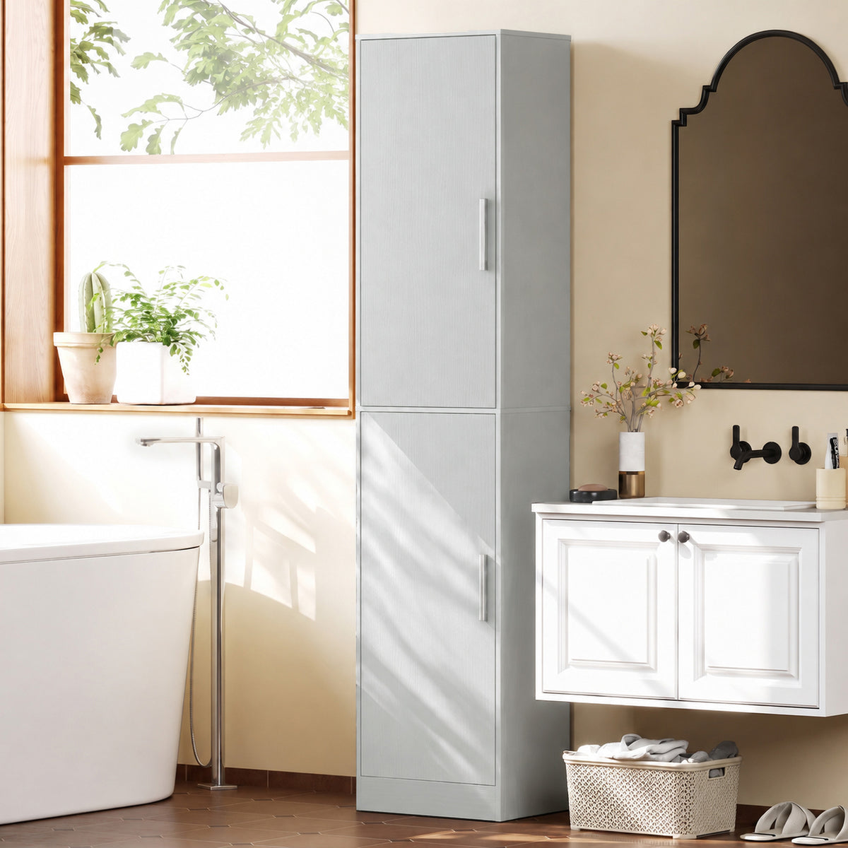 Colonna da bagno a 6 livelli, mobile contenitore stretto, 2 ante e 4 ripiani regolabili, 40x35x180cm, verde
