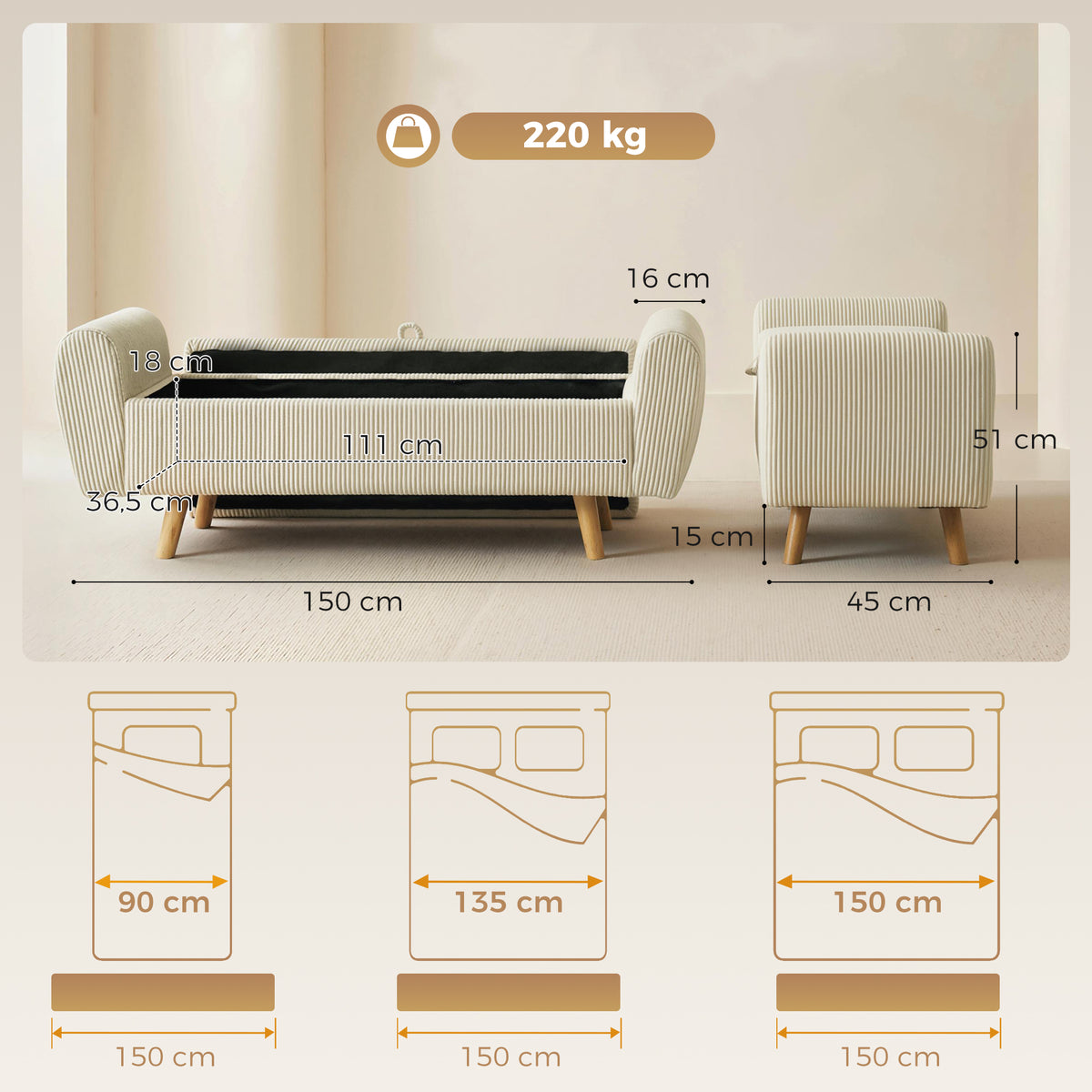 Banc de rangement 73 L, coffre de rangement rembourré en velours côtelé avec accoudoirs et pieds en bois d'hévéa, beige