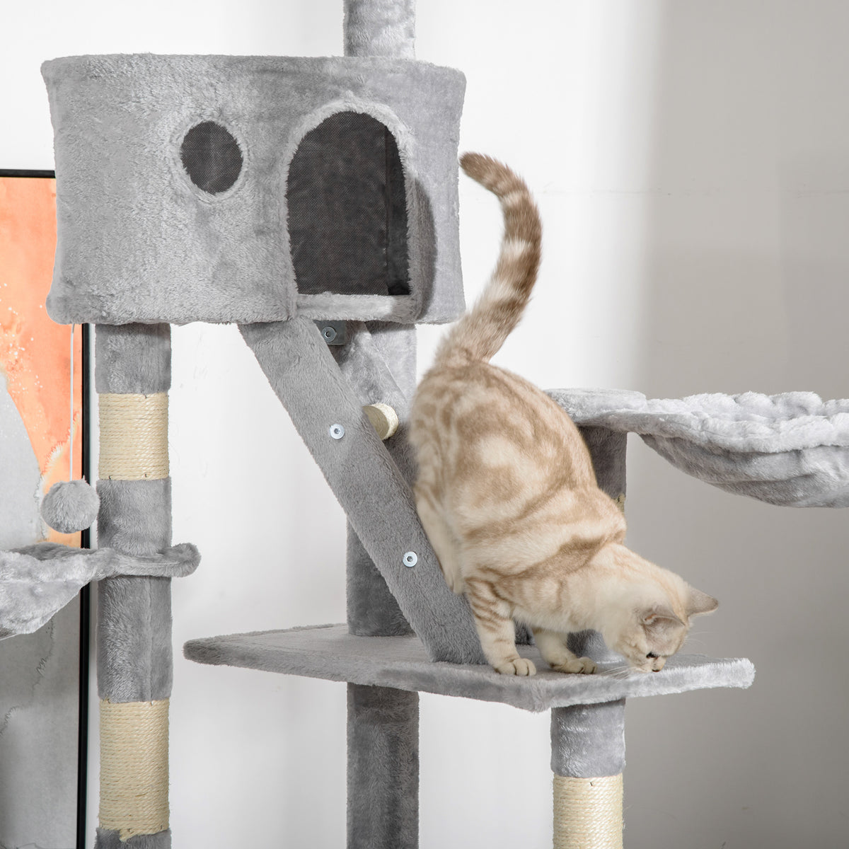 Floor-to-ceiling cat tree, height-adjustable cat tower from 240-260 cm with multiple levels, light gray