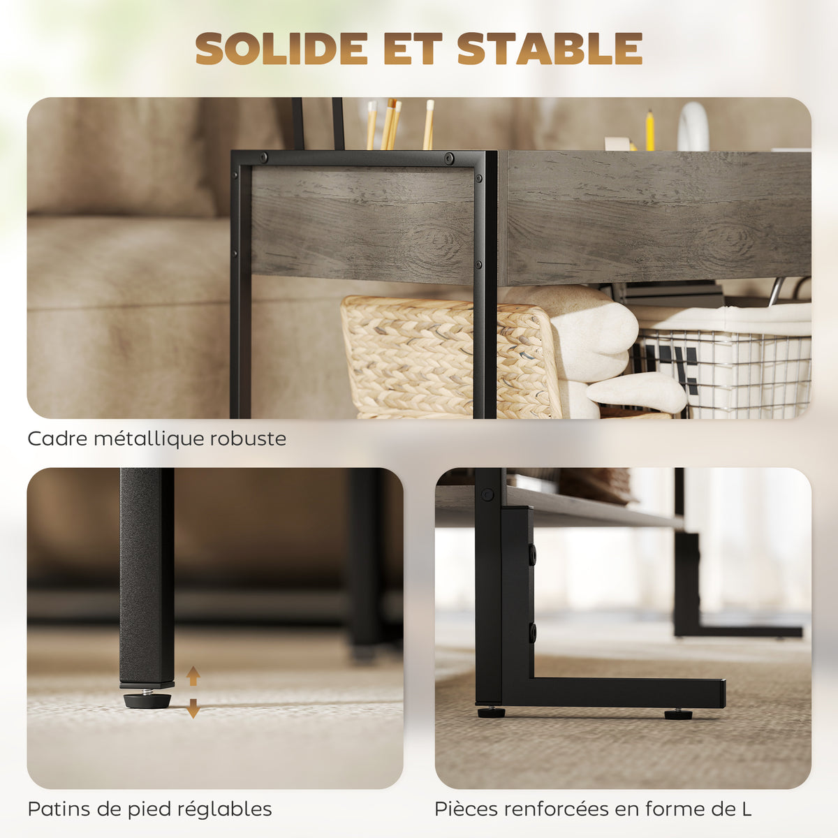 Table basse avec plateau relevable, table de salon avec compartiment caché et étagère ouverte, 95x40x59cm, gris