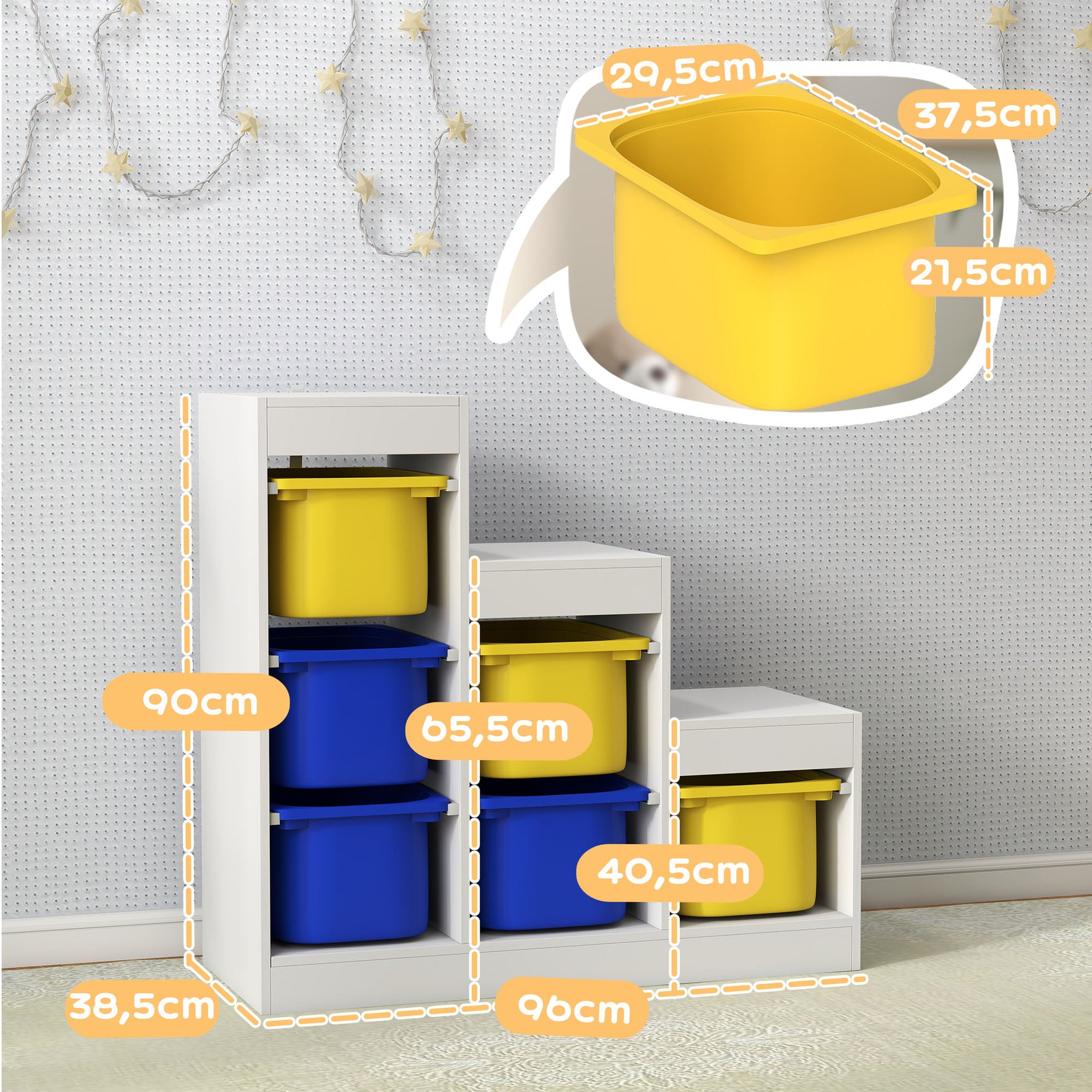 Meuble de rangement pour jouets des enfants avec 6 bacs amovibles, 3 niveaux de rangement, 96 x 38,5 x 90, multicolore