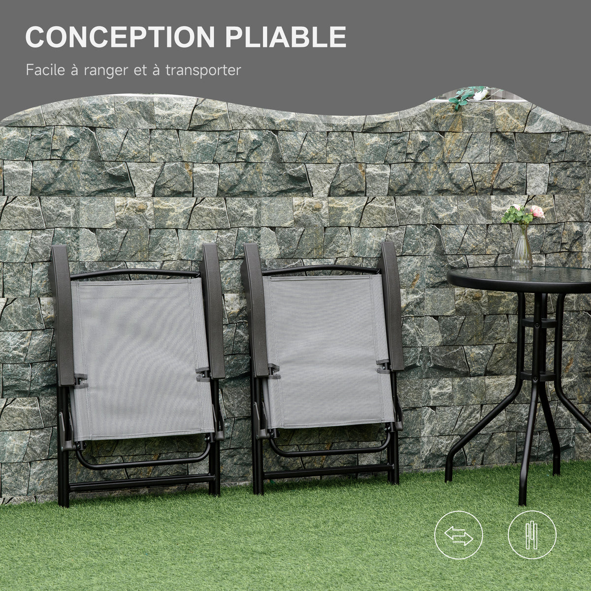 Ensemble de jardin 3 pièces 2 chaises inclinables multi-positions pliables table ronde verre trempé métal textilène gris