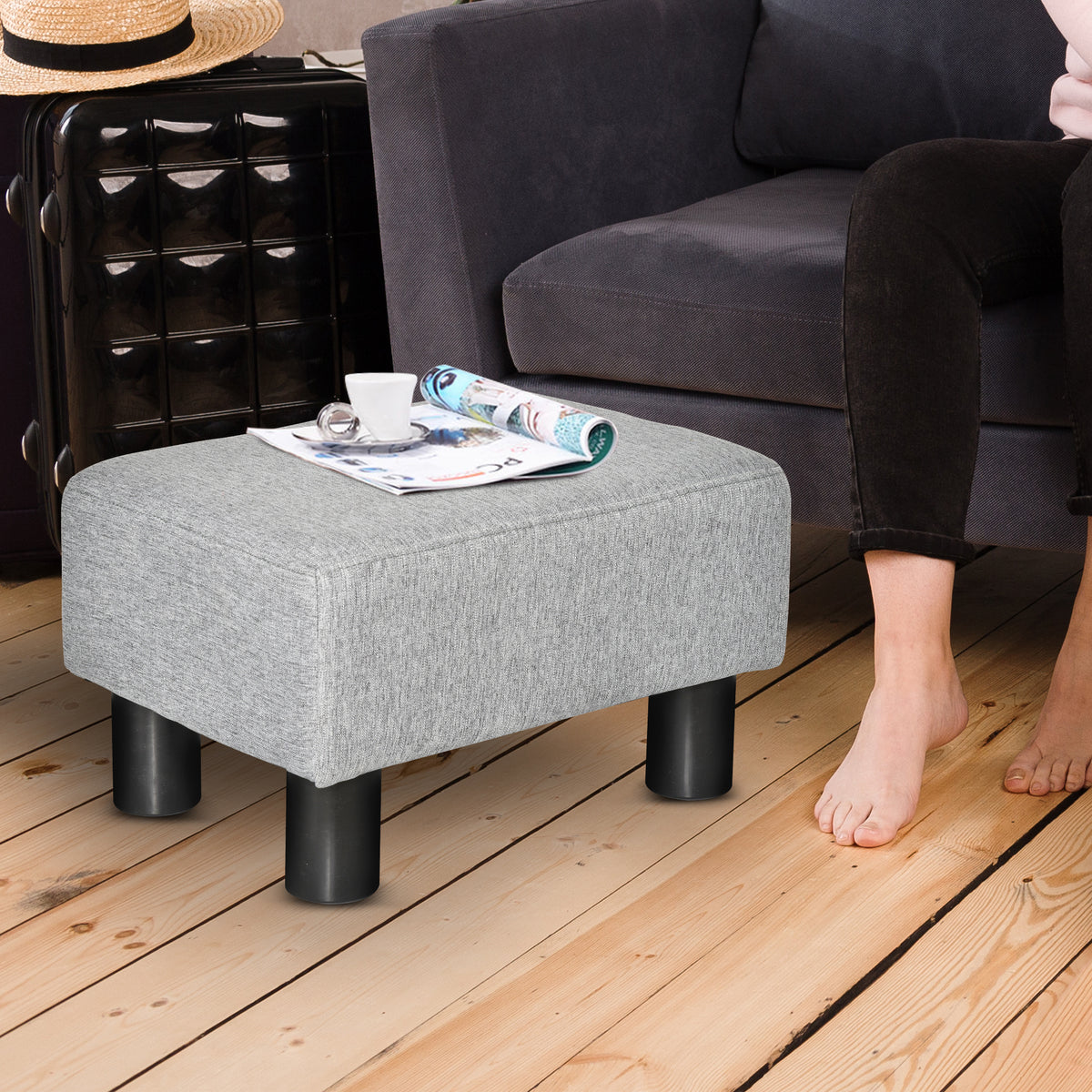 Lot de 2 poufs repose-pied tabouret bas en tissu de lin capacité de charge 150 Kg 40 x 30 x 24 cm gris
