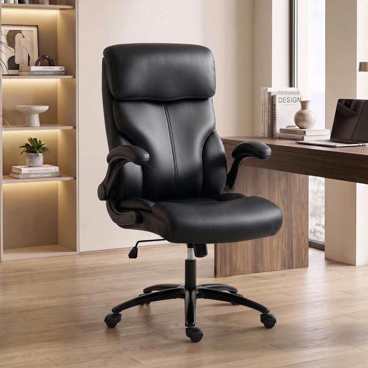 Sedia da ufficio ergonomica con braccioli sollevabili, poltrona da ufficio in PU, altezza regolabile, funzione basculante, nero