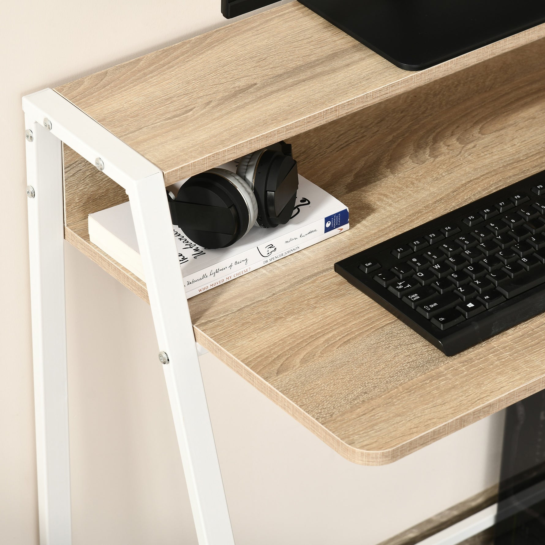 Bureau Informatique Table Ordinateur d'étude dim. 84L x 45l x 85H cm Style Simple en Bois chêne Clair Blanc