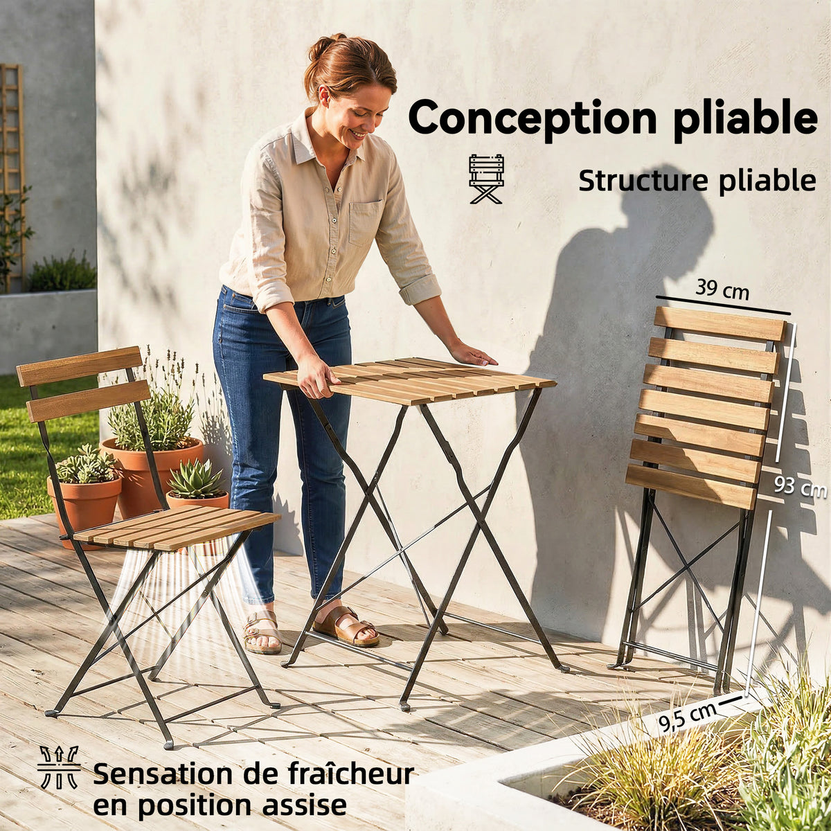 Ensemble de Salon de Jardin Bistrot 3 Pièces, 2 Chaises Pliantes, Table Carrée en Bois d'Acacia, 55x55x71cm, Naturel
