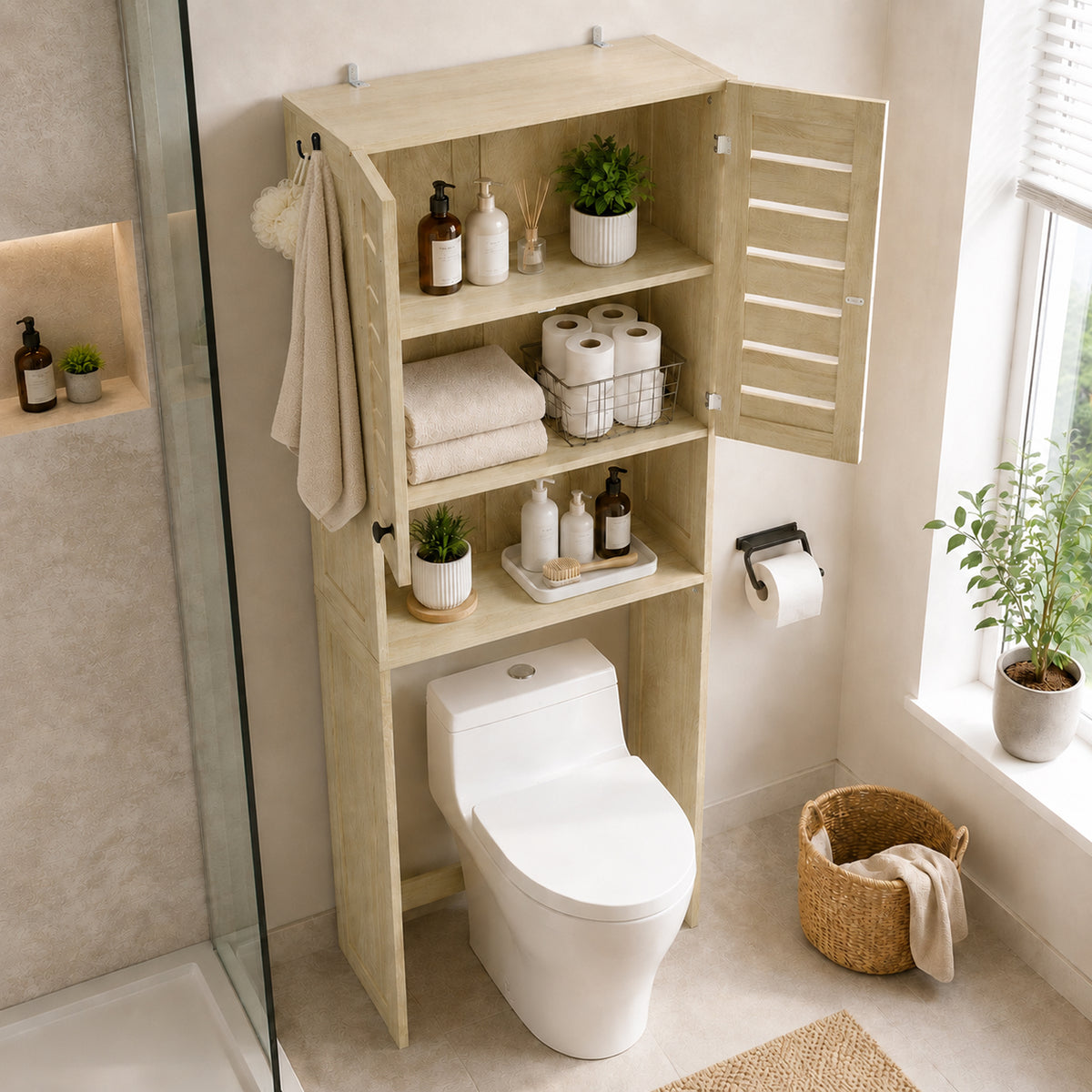 Meuble WC dessus de toilette/machine à laver avec placard à porte double, portes à persiennes, 67x31,5x190cm, chêne