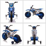 Moto Cross électrique Enfant 3 à 5 Ans 12 V 3-8 Km/h avec roulettes latérales Amovibles dim. 106,5L x 51,5l x 68H cm Bleu