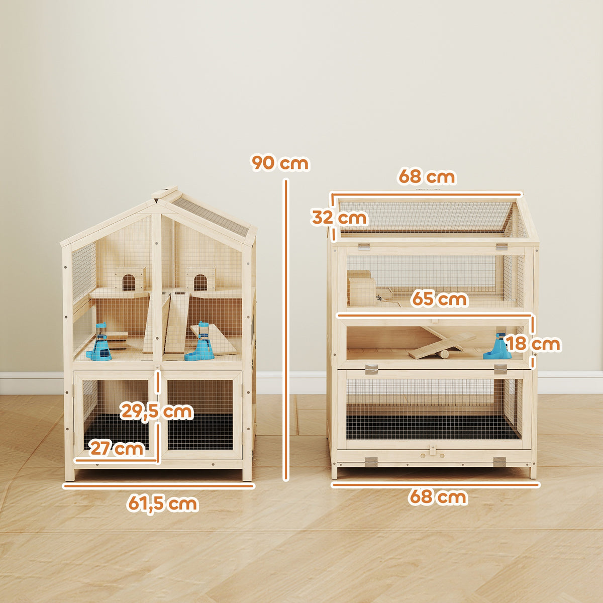 Cage Hamster 3 Étages en Bois avec Bac Amovible, Couvercle Ouvrant, Bascule, Cabane, Fenêtre, 68x61,5x90cm, Naturel