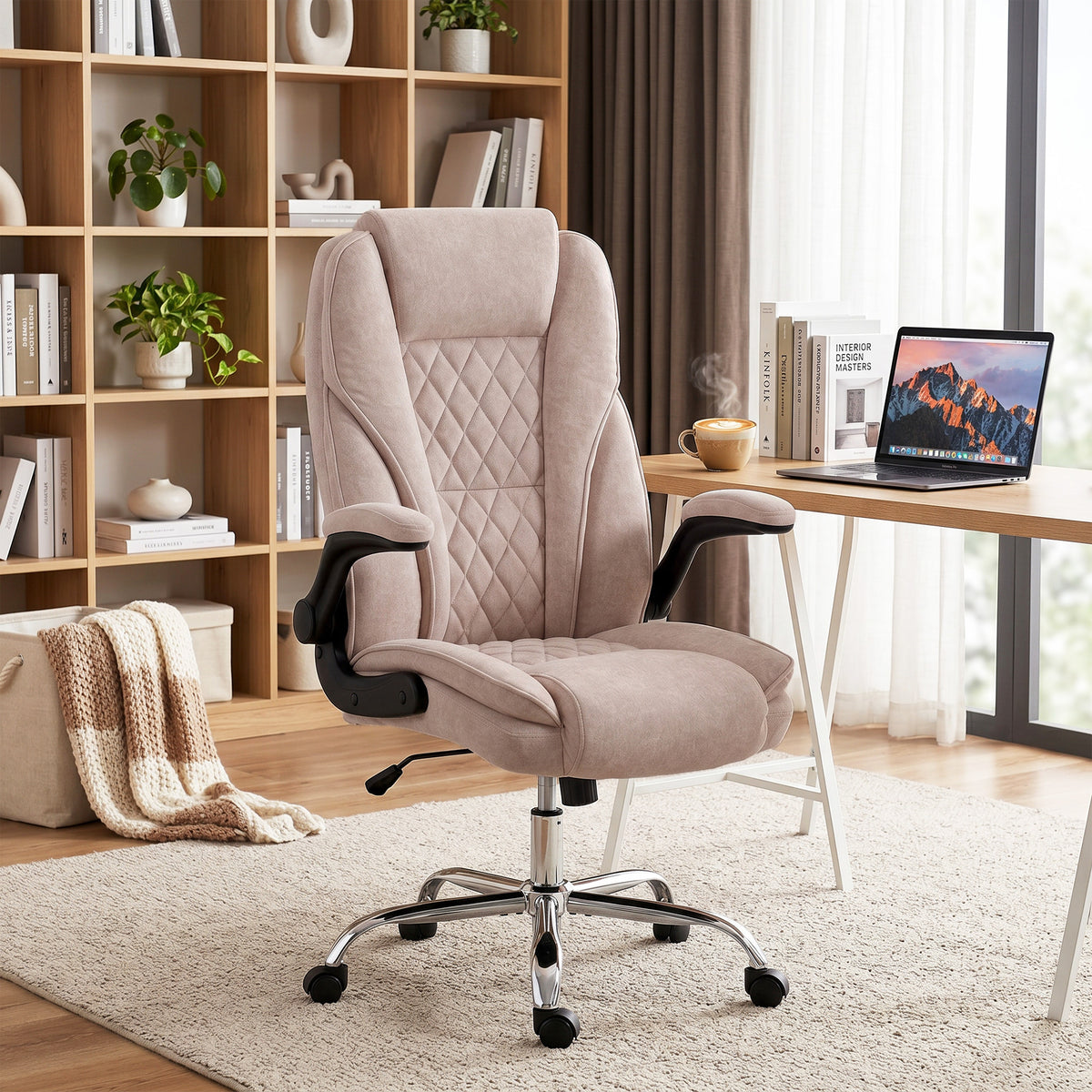 Fauteuil de bureau, chaise bureau ergonomique, hauteur réglable, accoudoirs relevables, 70 x 70 x 114-122 cm, rose