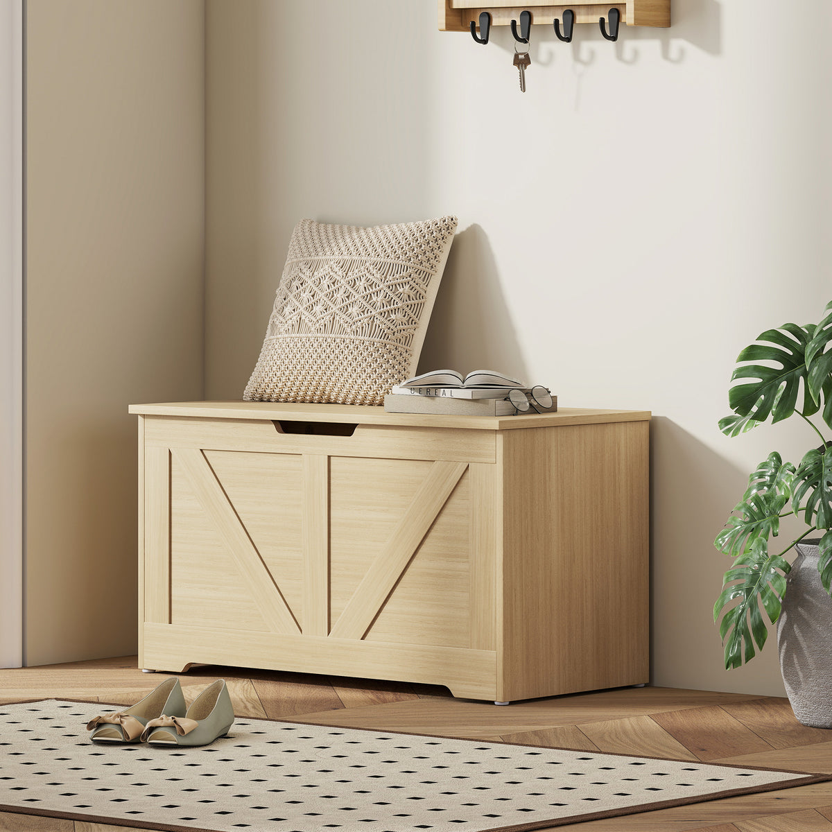 Coffre de rangement, banc de rangement avec couvercle rabattable et charnières de sécurité, 80 x 40 x 45 cm, bois naturel