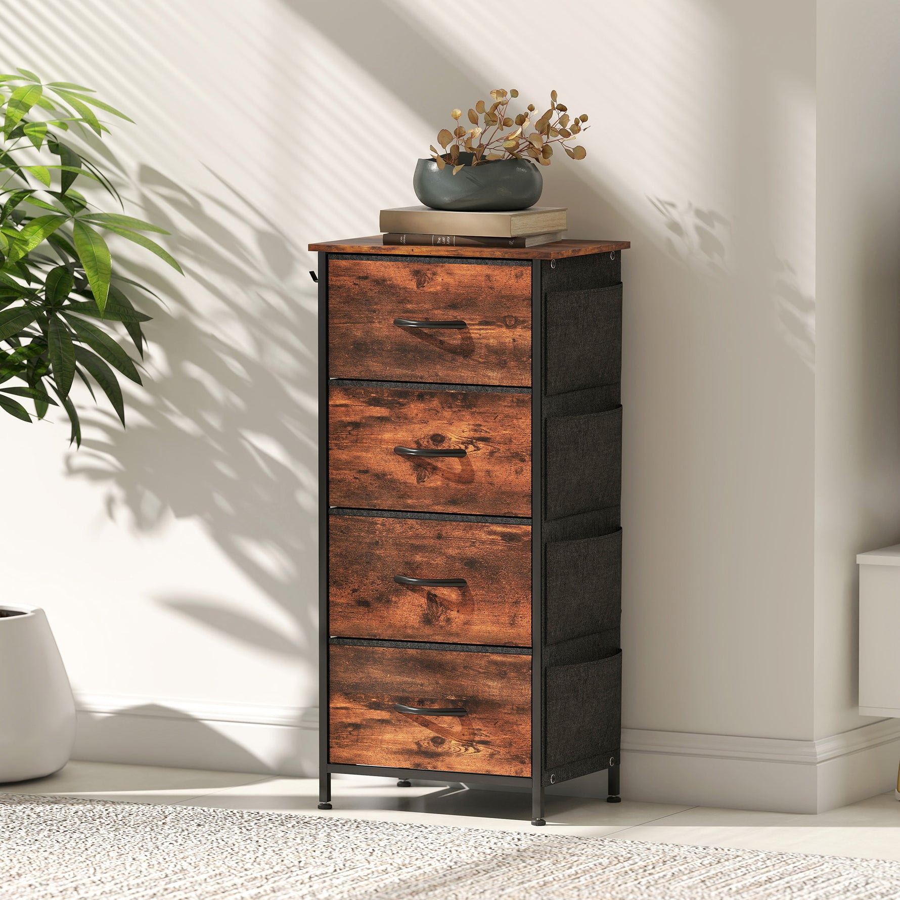 Commode 4 tiroirs en tissu, meuble de rangement avec 4 poches, 2 crochets, structure en acier, 45 x 30 x 94,5 cm, marron