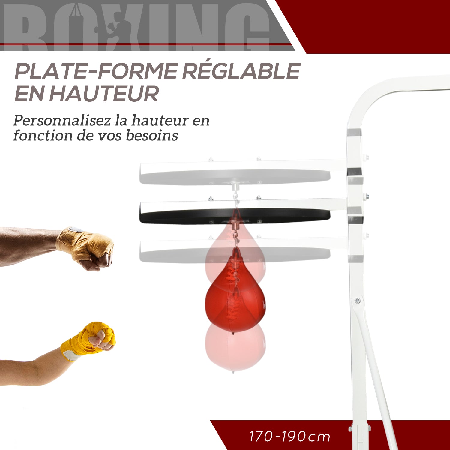 Support pour sac de frappe sur pieds autoportant 2 en 1 avec poire de vitesse 156 x 115 x 224 cm blanc