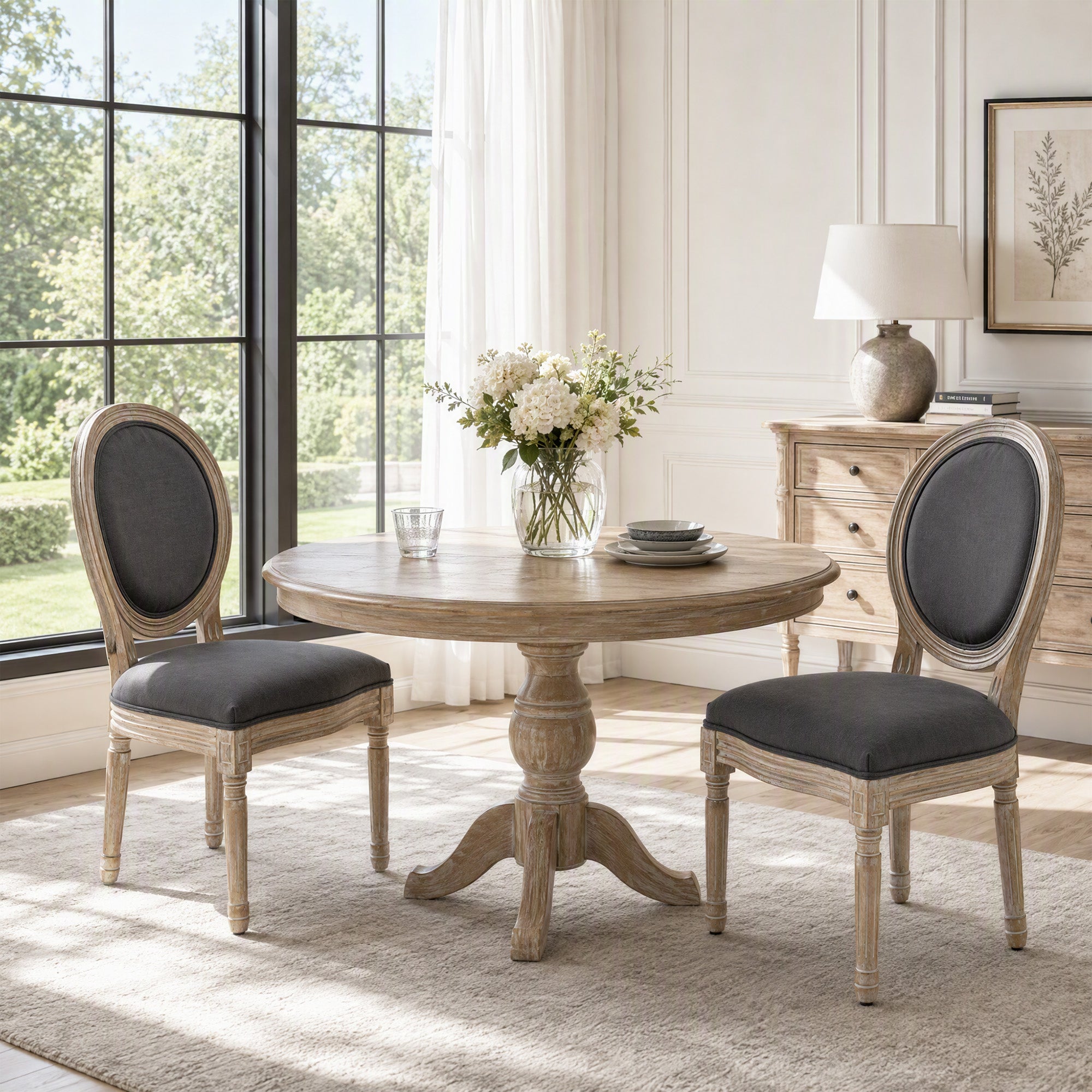 Juego de 2 sillas de comedor, sillas medallón estilo Luis XVI, asiento y respaldo tapizados efecto lino, gris
