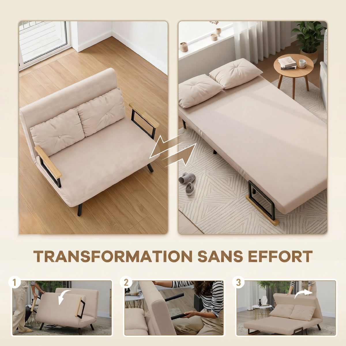 Canapé convertible 2 places avec dossier réglable à 5 niveaux et 2 coussins rembourrés, revêtement effet velours, beige