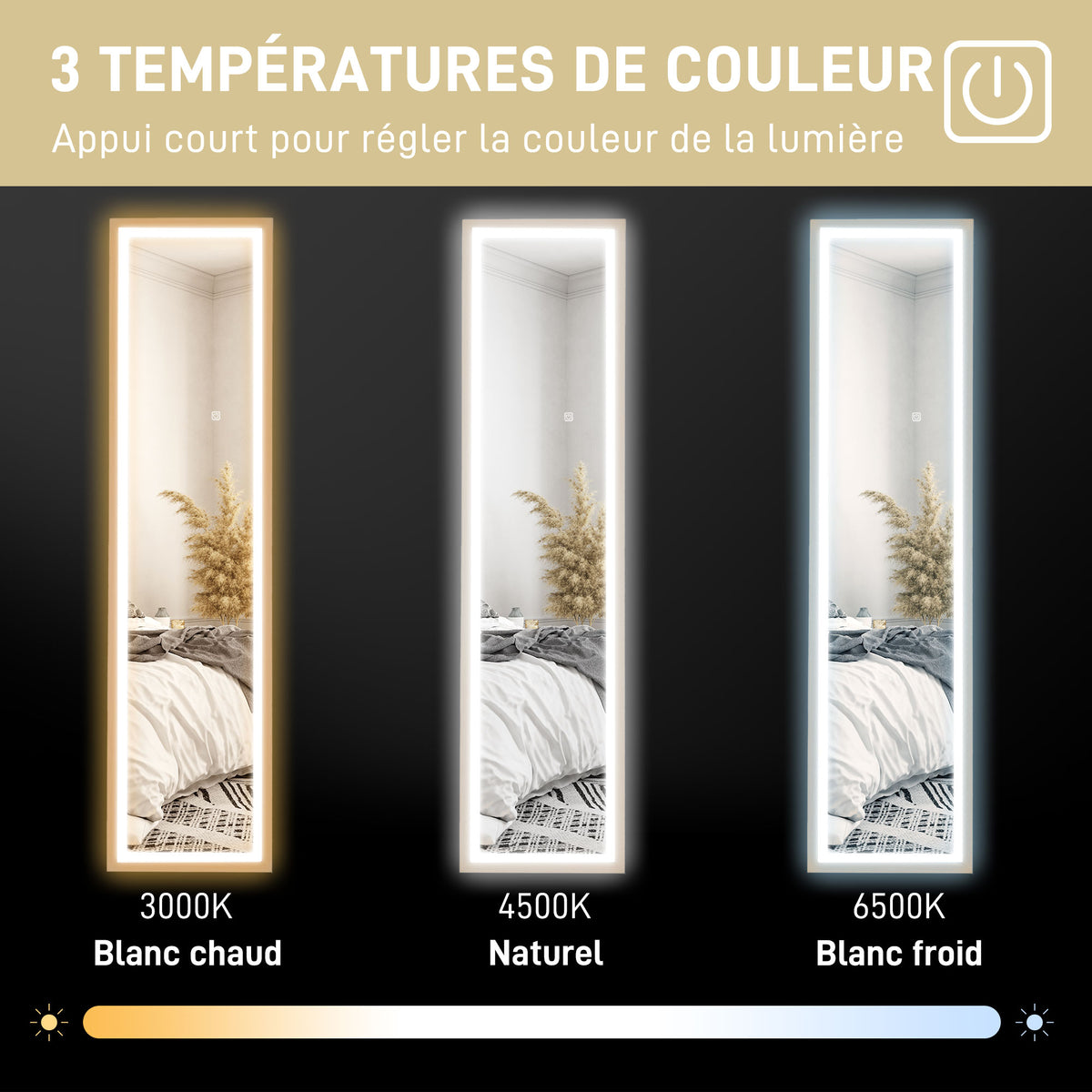 Grand miroir pleine longueur, miroir mural ou sur pied rectangulaire, 40 x 160 cm avec éclairage LED 3 couleurs, chêne
