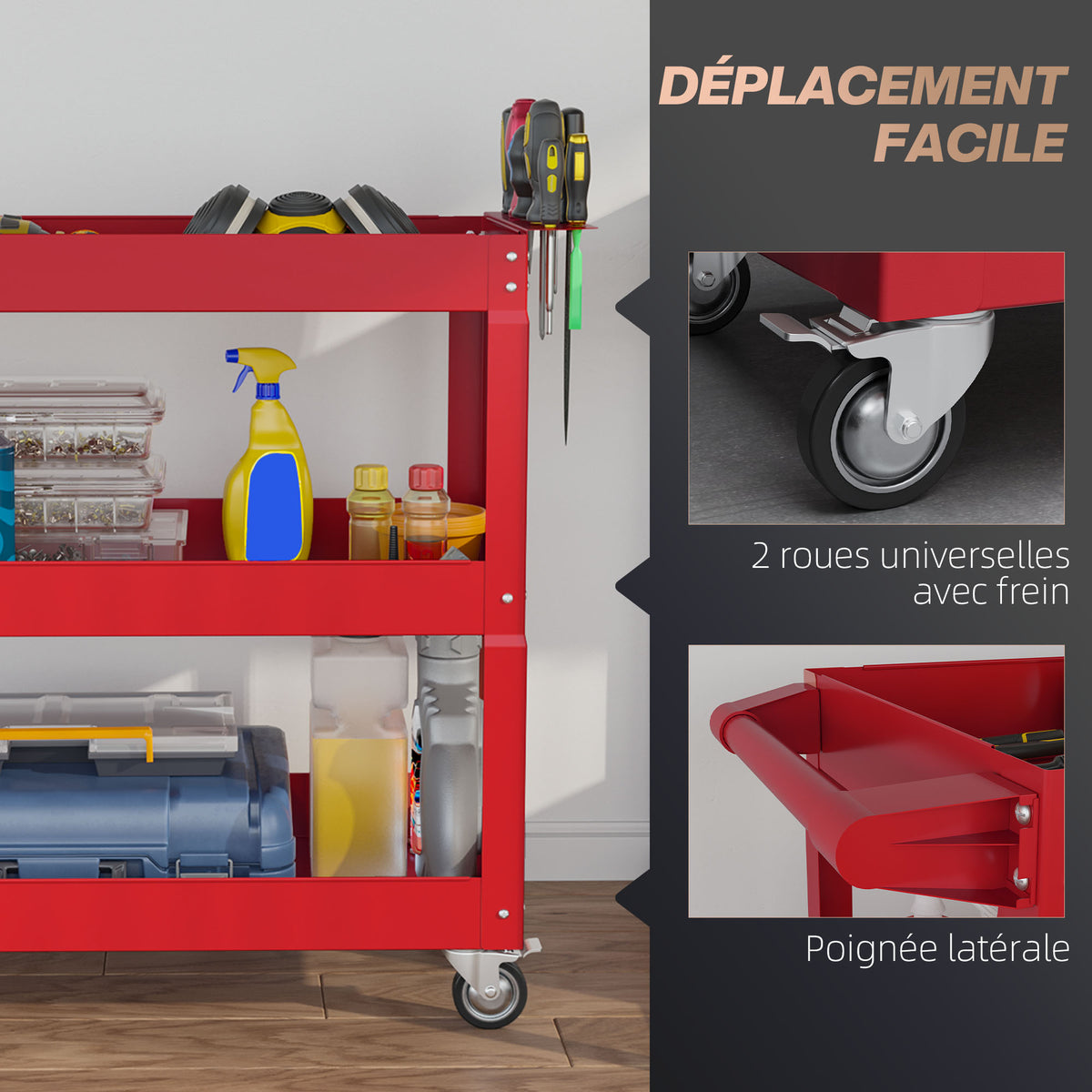 Chariot desserte d'atelier acier 3 plateaux sur roulettes avec poignée charge max. 150 kg 83 x 35,3 x 76 cm acier rouge
