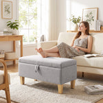 Banc de rangement, bout de lit, repose-pieds rembourré en lin avec pieds en bois de caoutchouc, 71x37x36cm, gris clair