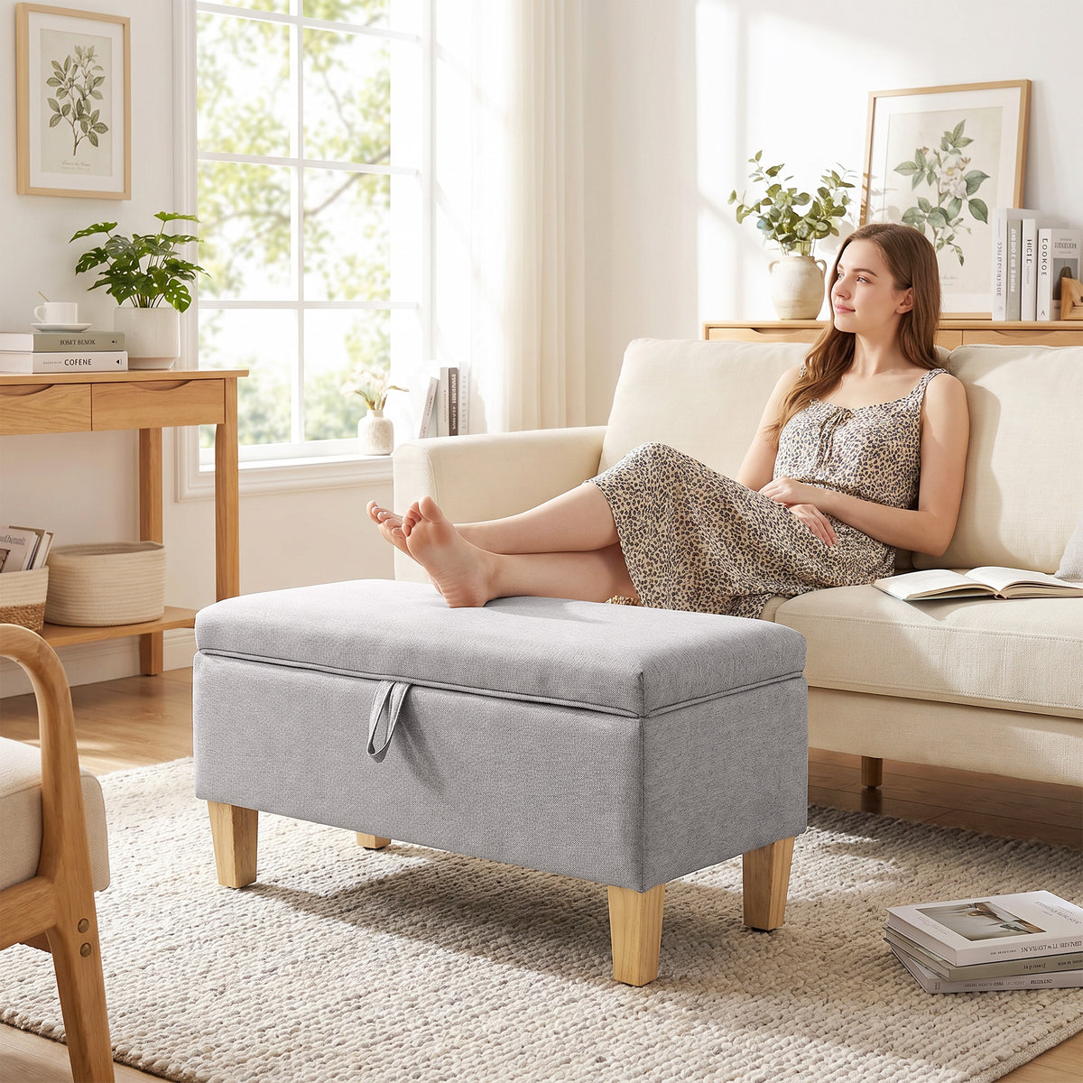 Banc de rangement, bout de lit, repose-pieds rembourré en lin avec pieds en bois de caoutchouc, 71x37x36cm, gris clair
