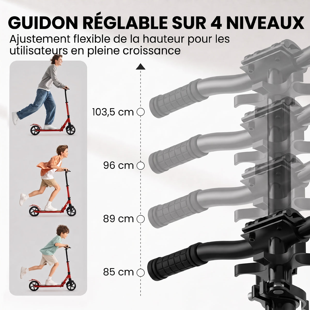 Foldable Aluminium Scooter, Adjustable Handlebar, Dual Hand/Foot Braking, 18 cm PU Wheels, 86x38x103.5cm, Red