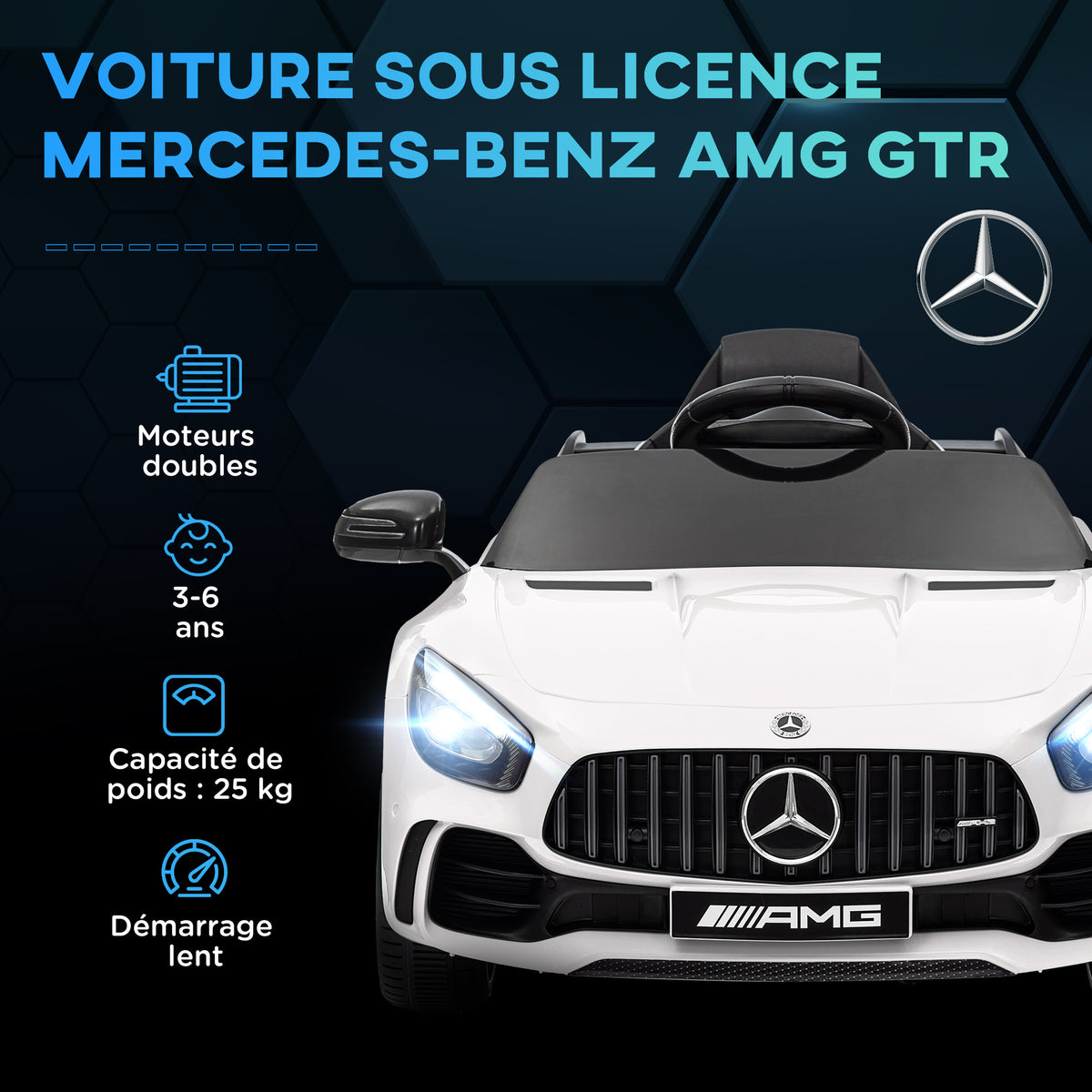 Voiture électrique enfants sous licence Mercedes-Benz AMG GTR 12V télécommande 2,4G max. 5 km/h 108 x 67 x 46 cm blanc