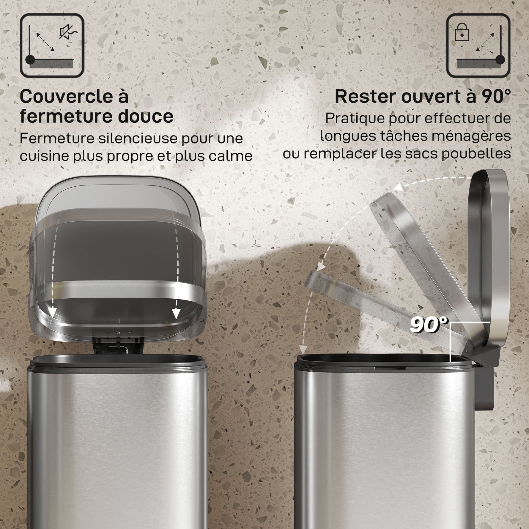 Poubelle cuisine 30L, poubelle à pédale avec seau intérieur amovible, couvercle à fermeture douce, 29x36x59,5cm, argent