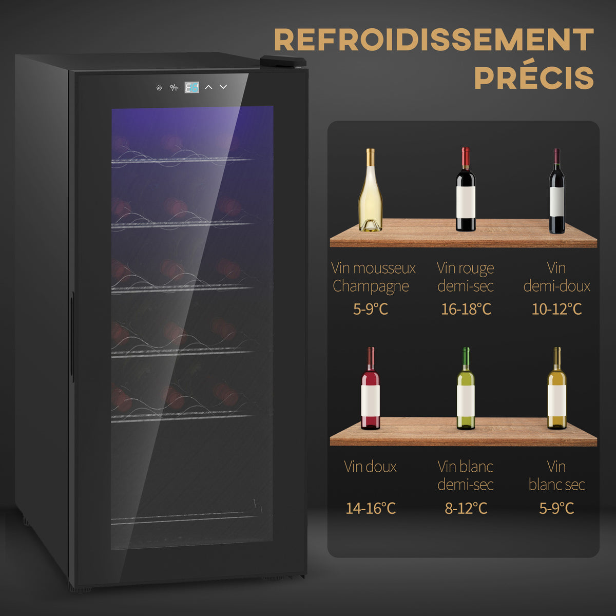 Cave à vin 18 bouteilles 50L haute performance température réglable 5-18° avec lumière LED, noir