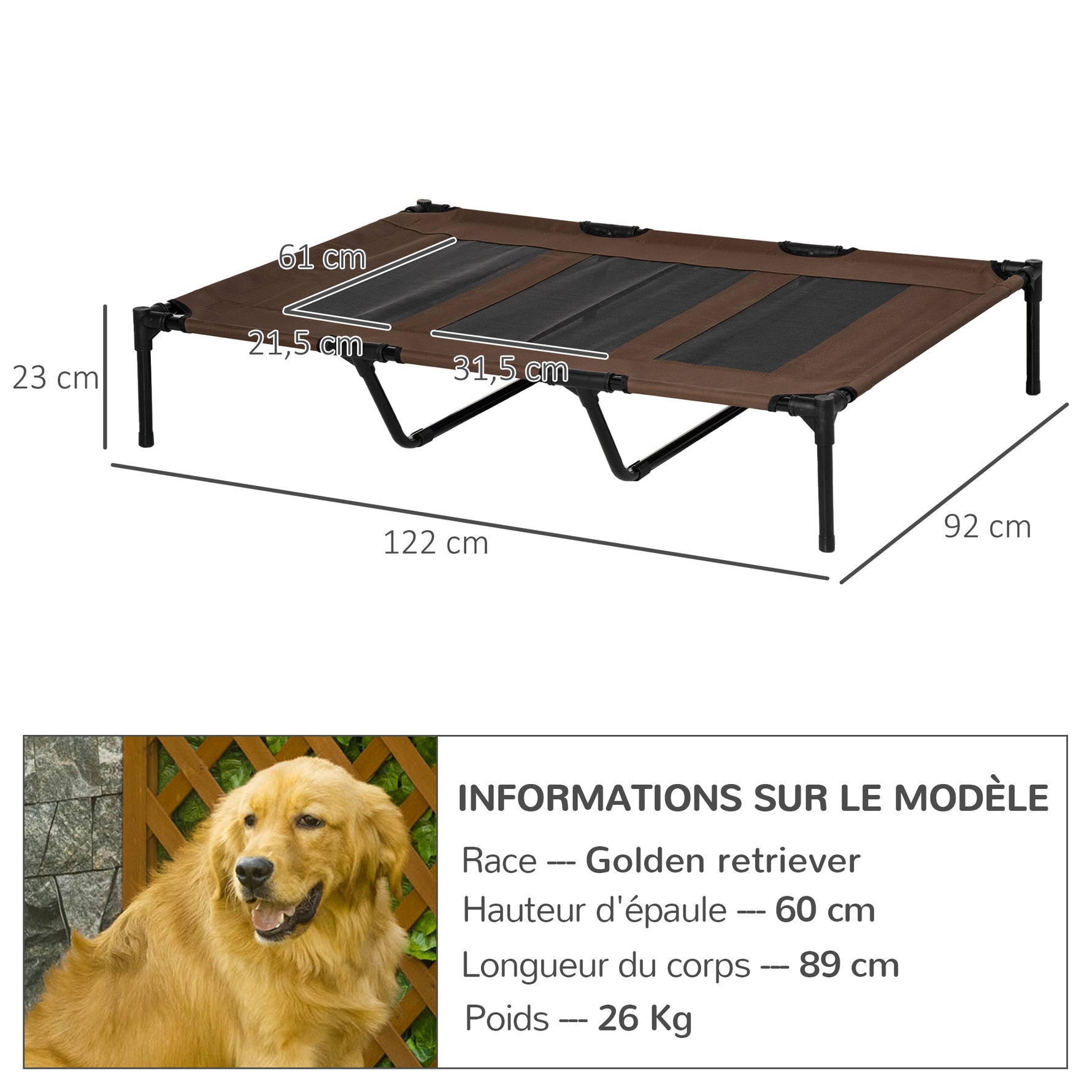 Lot de 2 Lits sur pieds XXL pour chien chat lit de camp animal 122L x 92l x 23H cm marron clair