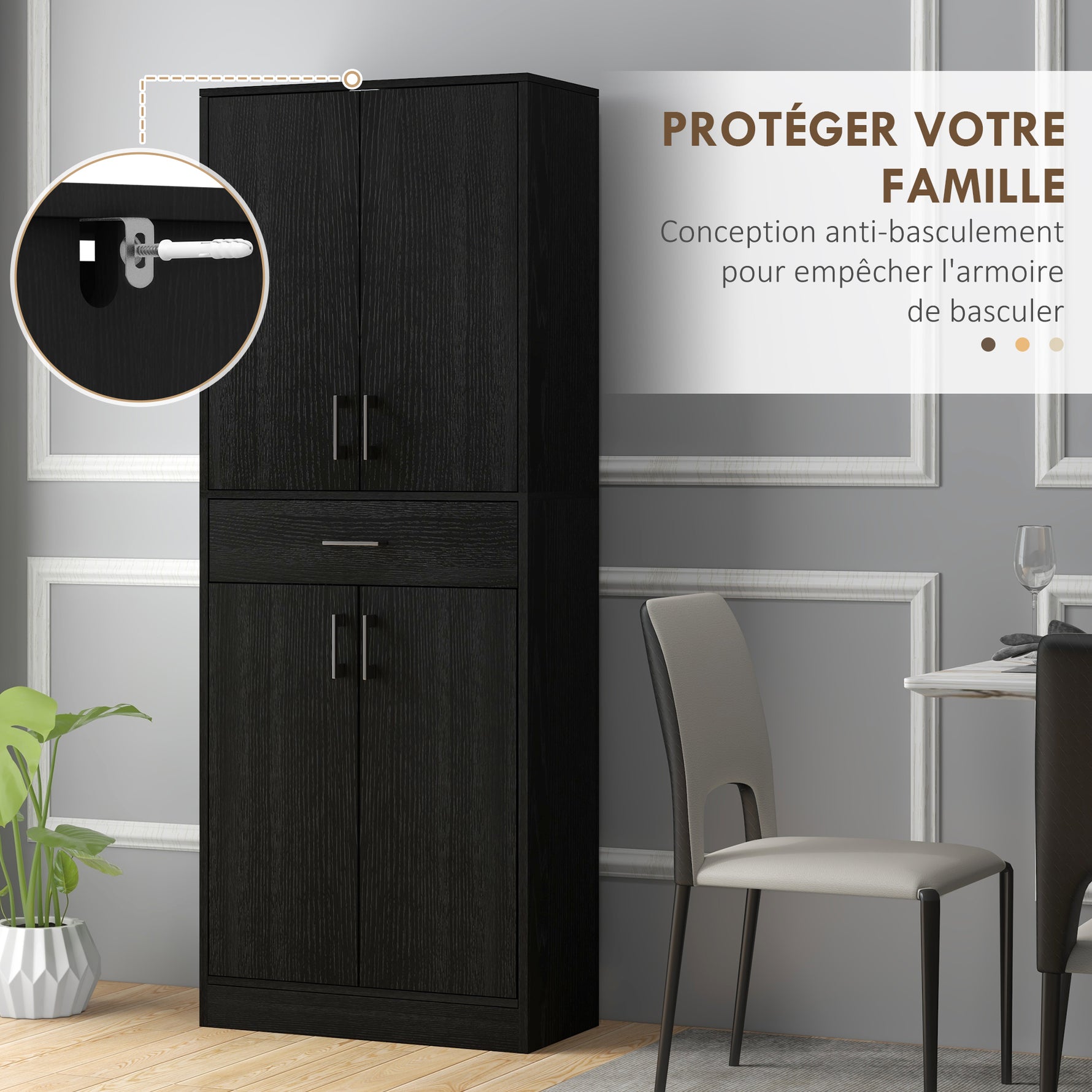 Buffet haut armoire de cuisine 4 portes 2 placards et 1 tiroir central hauteur 180 cm avec 2 étagères réglables noir