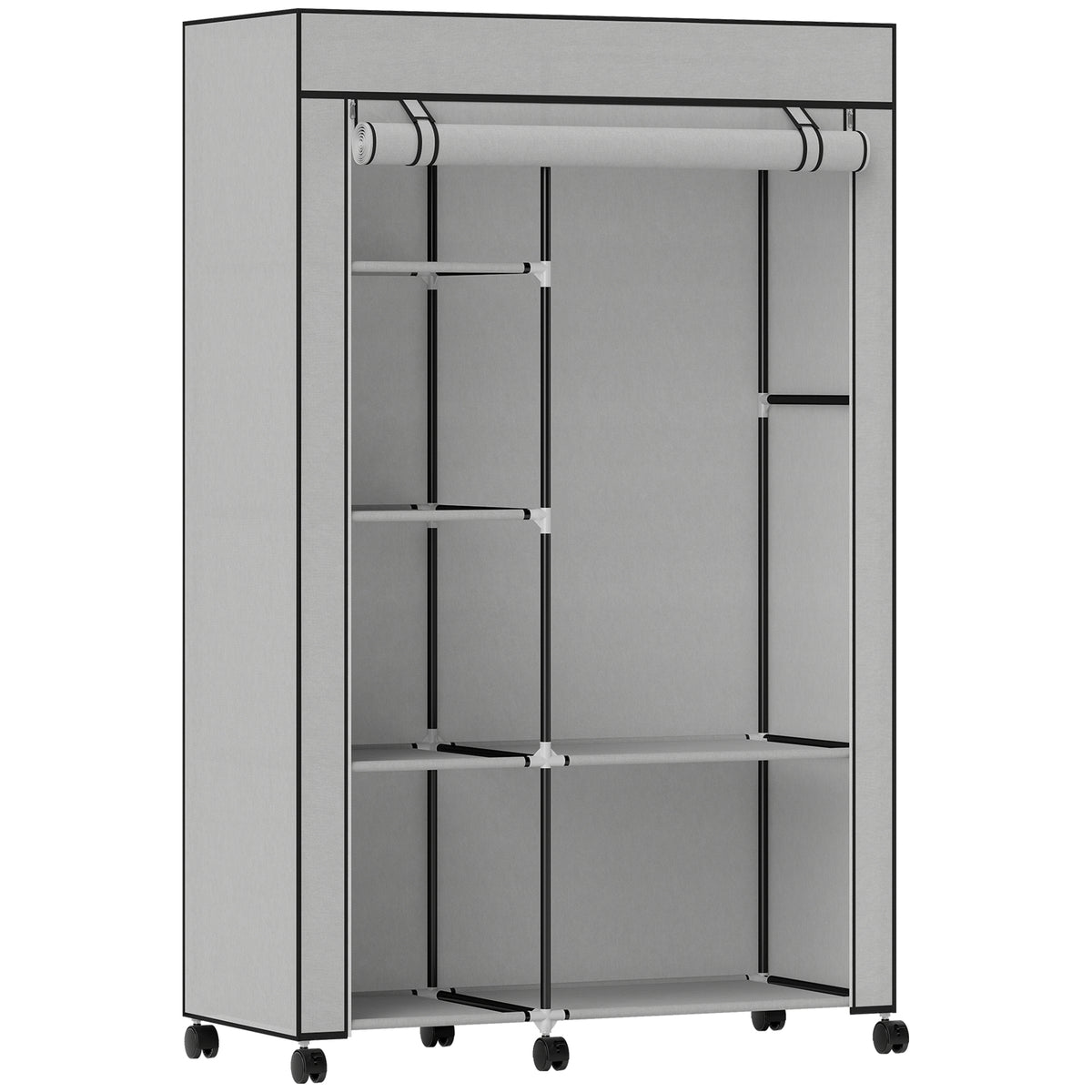 Armadio guardaroba in tessuto mobile contenitore 6 ruote asta appendiabiti e ripiani a giorno 103x43x162,5cm grigio