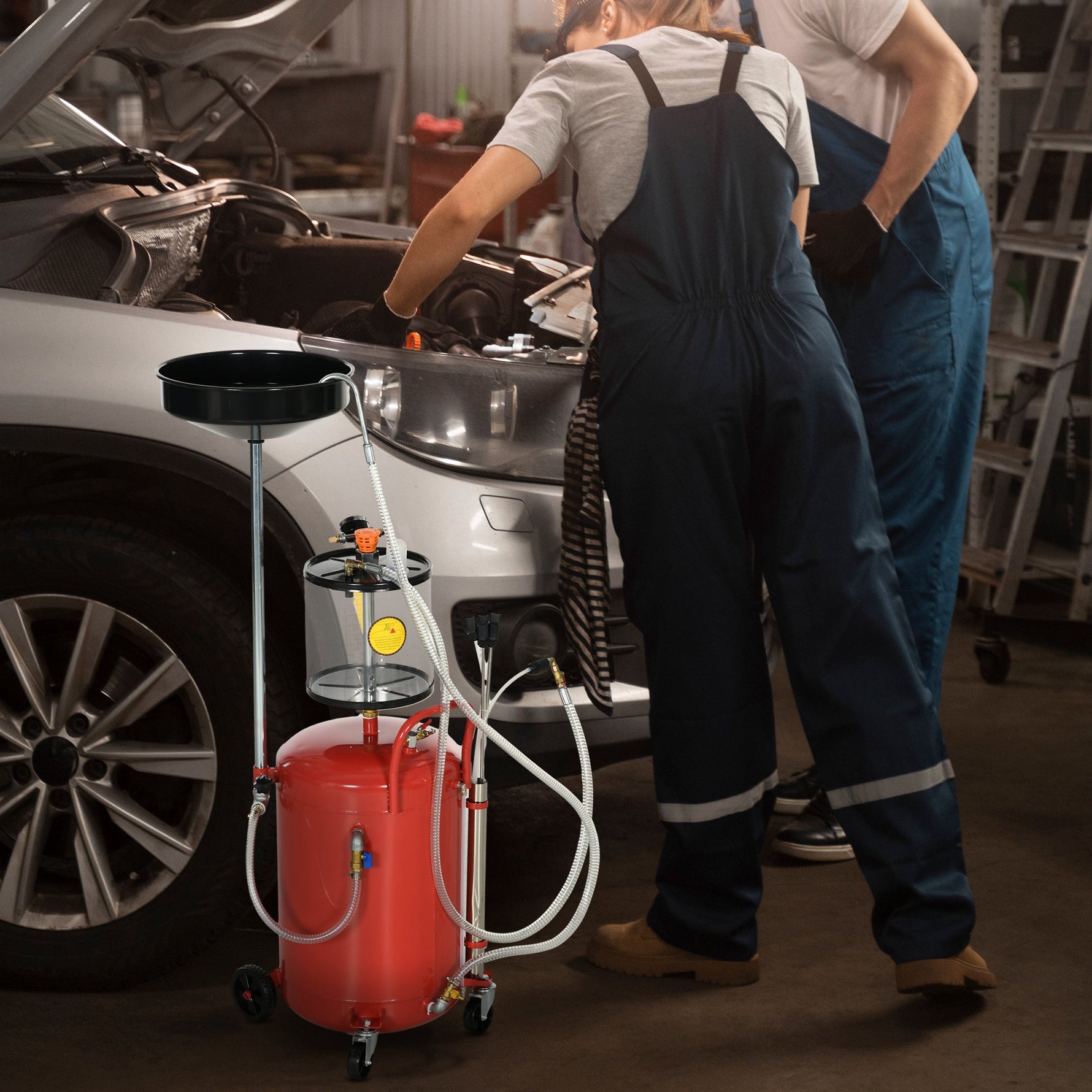 Récupérateur d'huile de vidange portable 2-en-1 avec hauteur réglable et vidangeur d'huile pneumatique de 80L