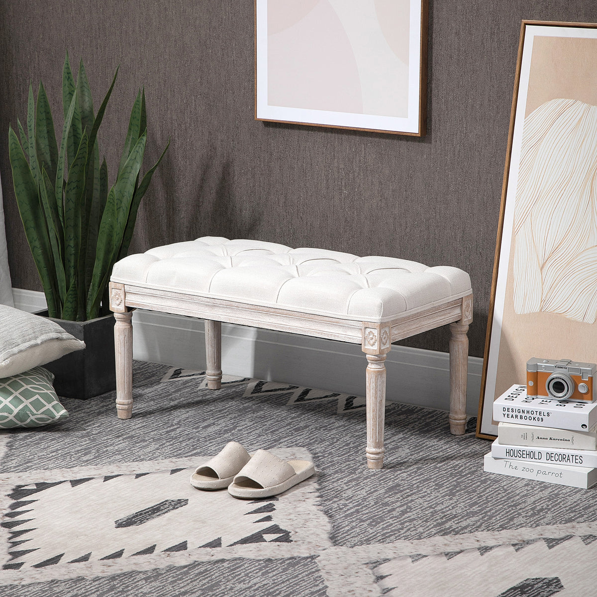 Banc Banquette classique capitonné 80cm bout de lit Rembourrée en lin - bois d'hévéa sculpté, patiné - Crème