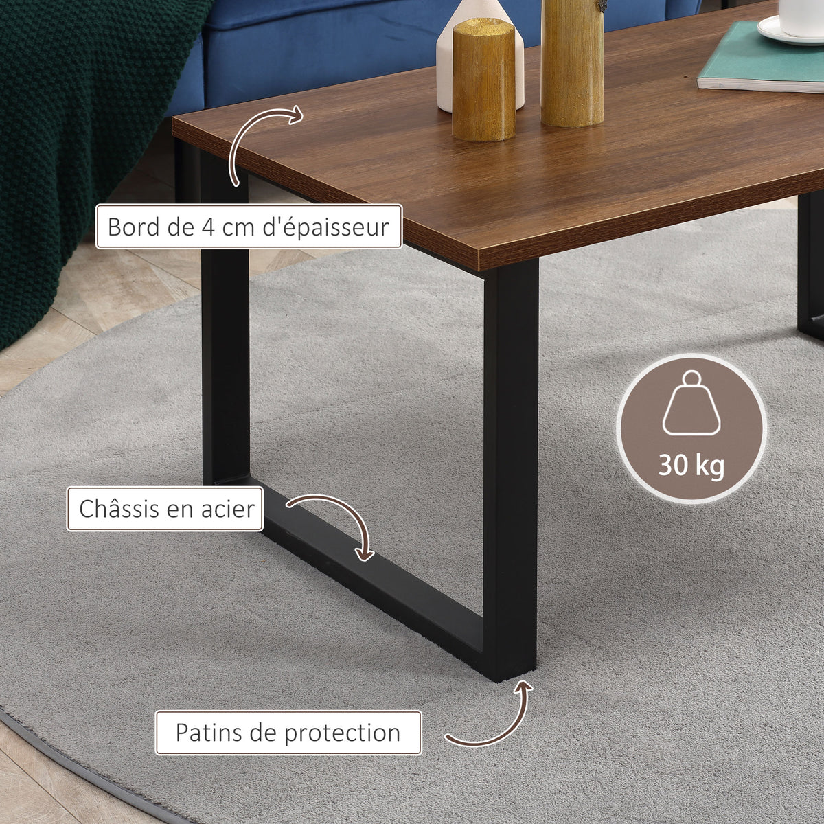 Table basse rectangulaire table de salon style industriel pied métal et plateau aspect bois 100 x 60 x 50 cm