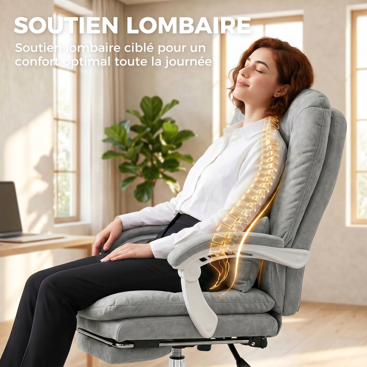 Chaise bureau ergonomique, fauteuil de bureau inclinable en velours avec support lombaire, hauteur réglable, gris clair