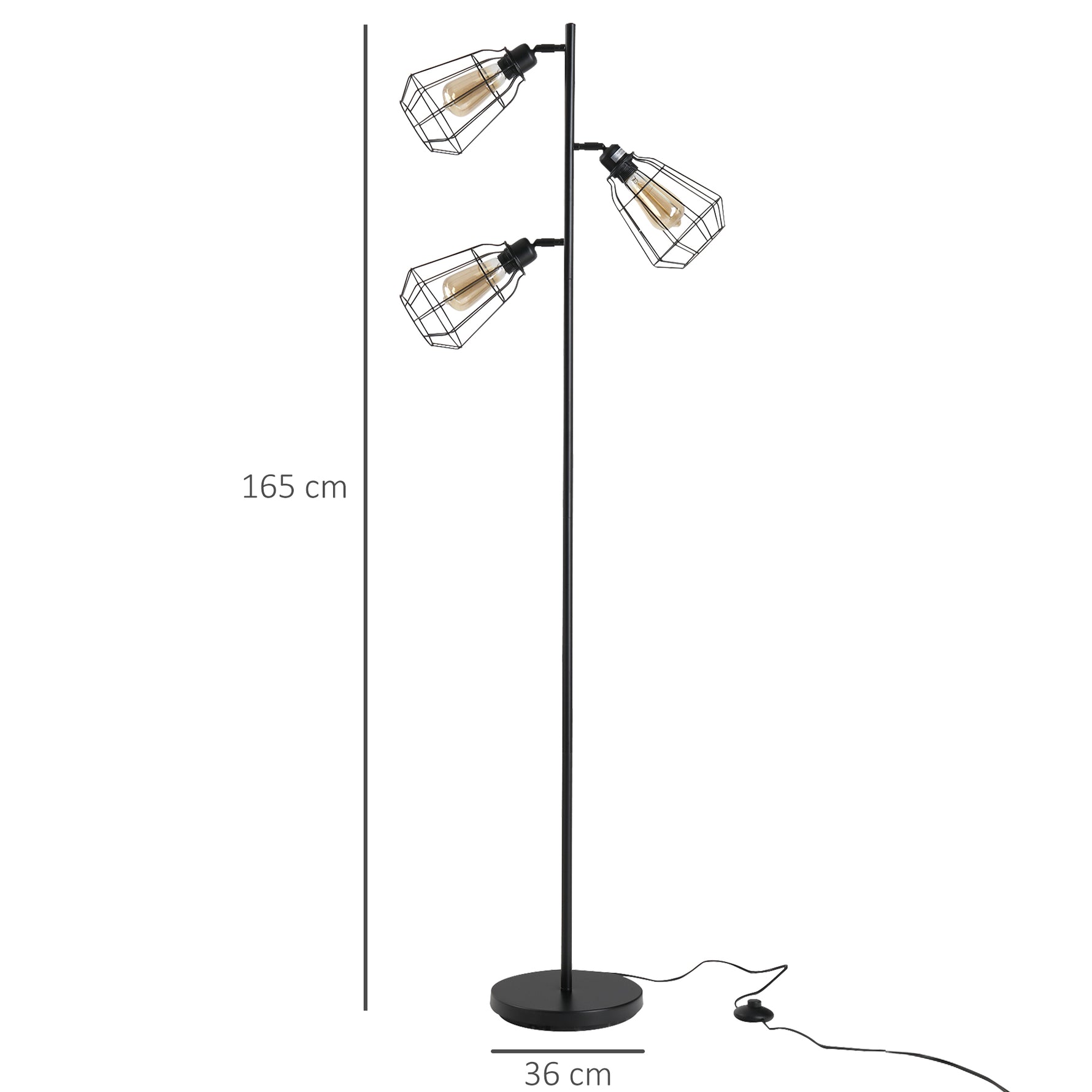 Lampadaire design industriel 3 ampoules max. 40 W abat-jour cage métal noir