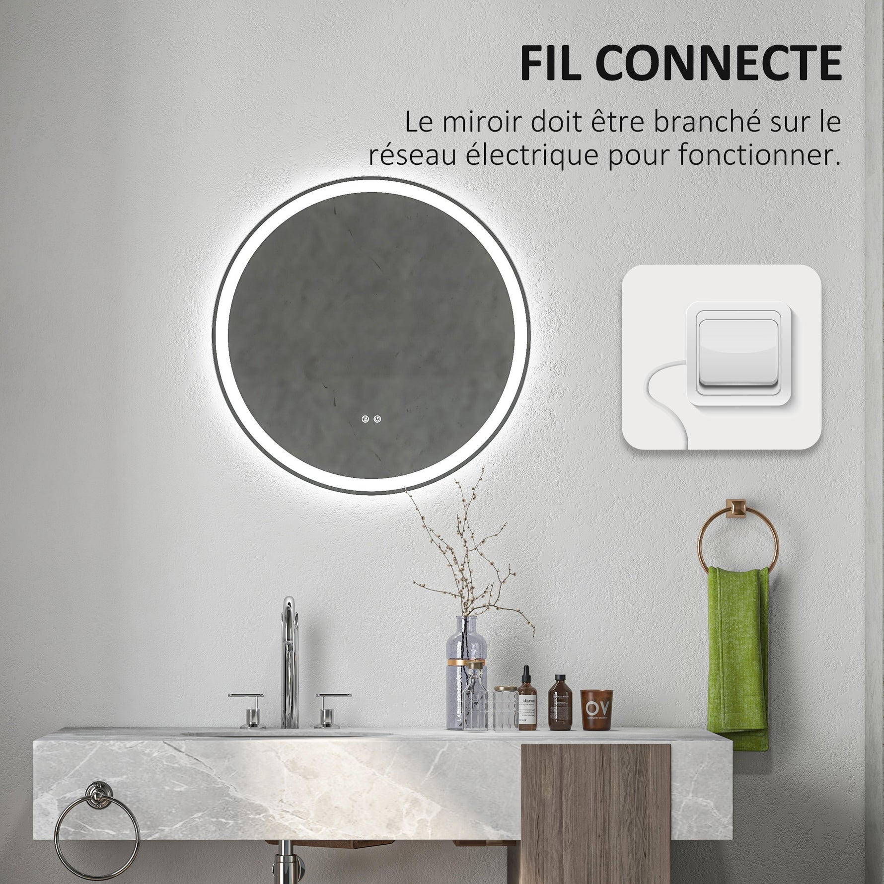 Miroir rond lumineux LED de salle de bain Ø 70 cm mural avec éclairage 3 couleurs interrupteur tactile 23W blanc argent