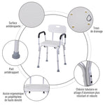 Chaise de Douche siège de Douche Ergonomique Hauteur réglable Pieds antidérapants Dossier accoudoirs Amovibles Charge Max. 136 Kg alu HDPE Blanc